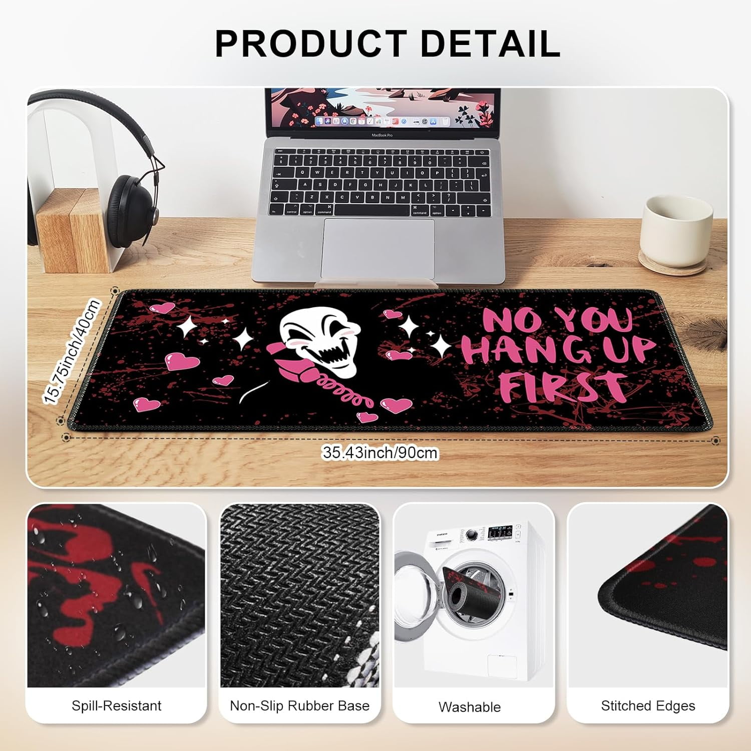 Ghost Face Desk Mat,Large Gaming XXL Mouse Pad, Desk Pad Large, with Non-Slip Rubber Base, XXL Computer Keyboard Mat with Stitched Edges, Extended Mousepad for Girls, Black Pink