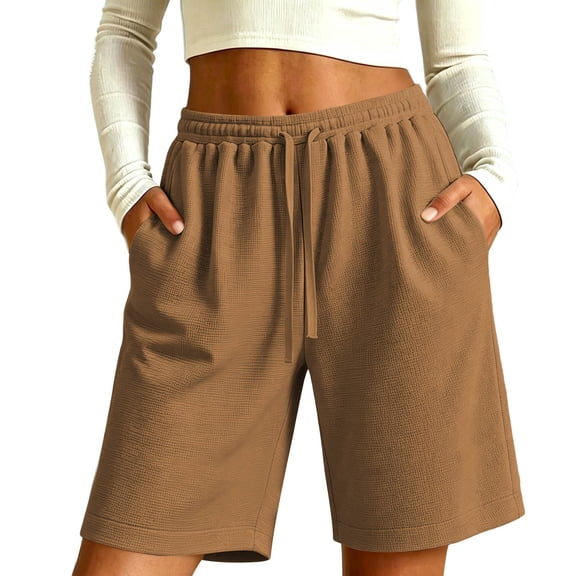 Hurxie Bermuda Shorts for Women High Waisted Knee Length Shorts with 3 Pockets Drawstring Casual Athletic SweatShorts Coffee,L