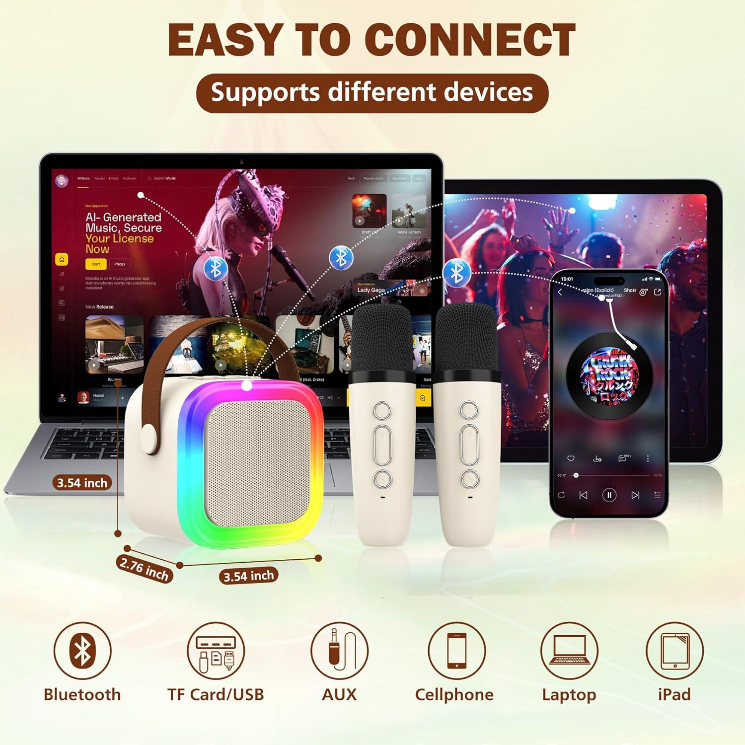 FFORCE Mini Karaoke Machine for Kids and Adults — Portable Bluetooth Speaker with 2 Wireless Microphones, Home Karaoke System, Gift for Girls Ages 4-12+ (Beige)