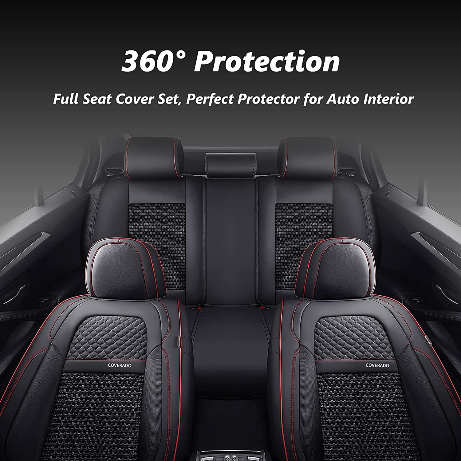 Coverado Seat Covers, Breathable Faux Leather Car Seat Cushions with Lumbar Support, Universal Auto Accessories Full Set Fit for Most Cars, Sedans