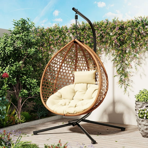 Wicker Hanging Egg Chair with Stand and Non-Slip Foot, Hammock Chair with Soft Cushion and Coated Chain, Outdoor Swing Chairs for Balcony, Bedroom, Garden, Beige and Yellow