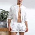 thumbnail image 3 of Conjunto de camisa de encaje para hombre Conjunto de pantalones cortos huecos casuales transpirables de color puro de manga larga floral para hombre Blanco L, 3 of 6