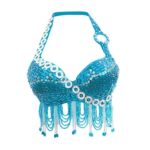 Moda para mujer Halter Top Lentejuelas con Flecos acolchado Ropa de danza del vientre , cielo m Yinane Sujetador de traje de baile