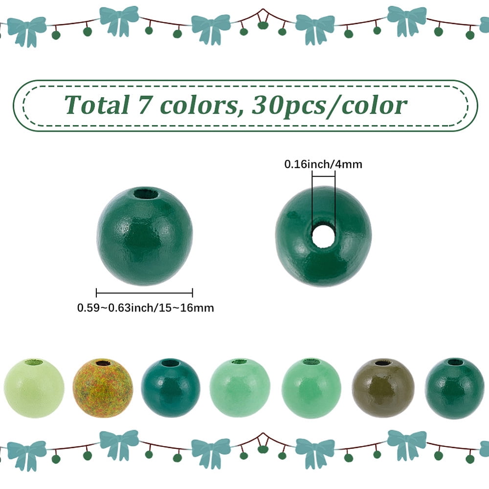 210Pcs 7 Colors Spray Painted Wood European Beads Large Hole Round Beads Green 15~16x14.5~16mm Hole: 3.5~4mm 30pcs/color