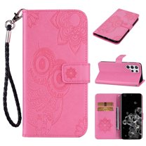 for Samsung Galaxy S23 Ultra Case, Samsung S23 Ultra Premium Leather Magnetic Case with Hand Strap Owl Embossed Case PU Leather Flip Wallet Case with Card Holder Kickstand, Pink