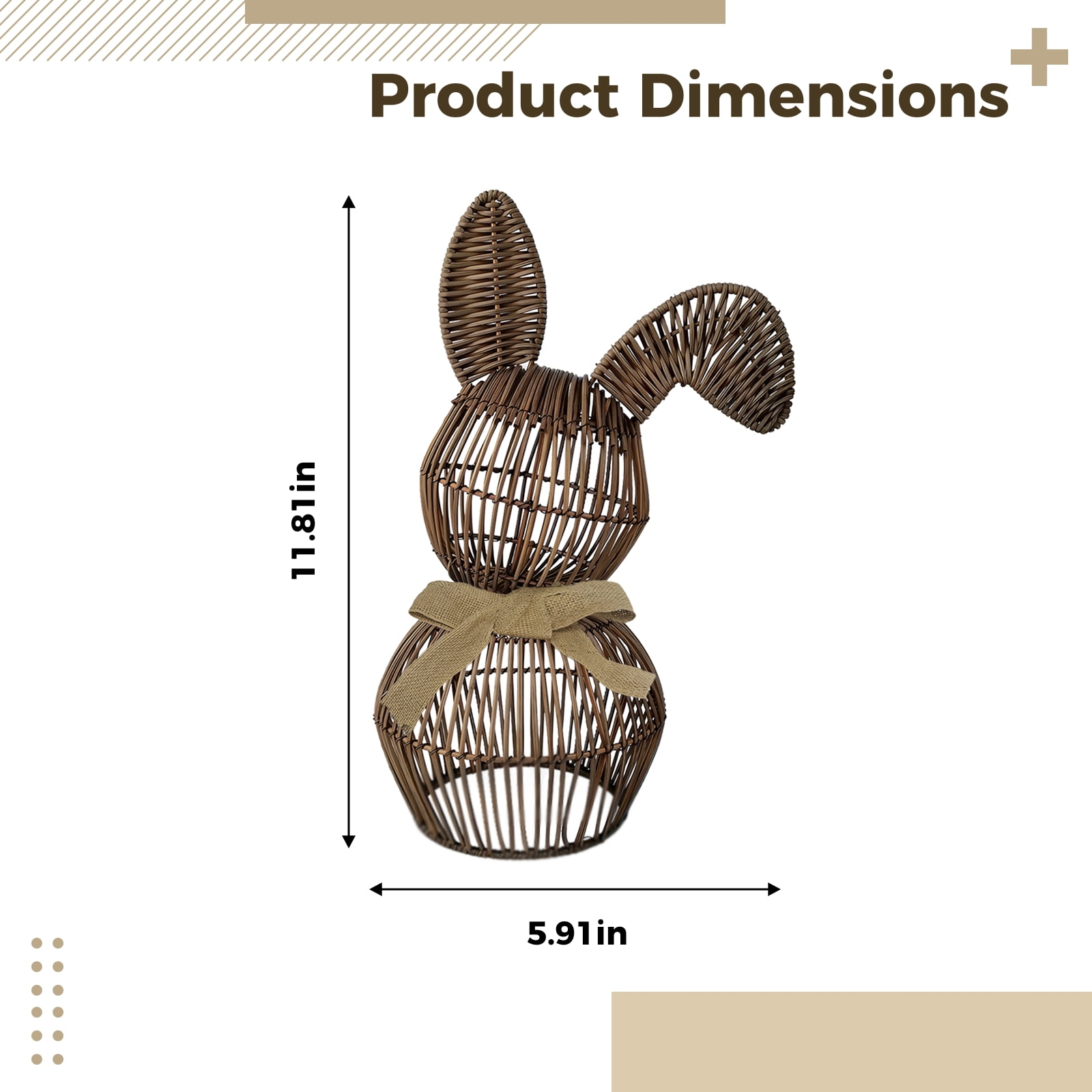 Handmade Rattan Easter Bunny Basket, Brown Bunny Decor with Fabric Bow, 5.91 x 11.81 in /15 x 30 cm, Suitable for Home Decoration, Easter Themes, Cute Rabbit Figurine
