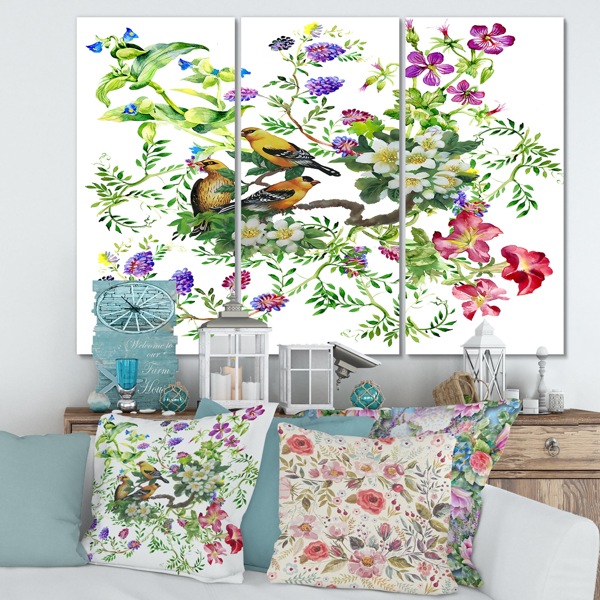 Designart ' Tropical Birds Sitting On Blooming Tree ' Traditional Canvas Wall Art Print