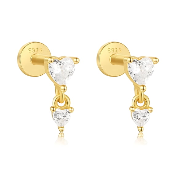 Heart Dangle CZ Flat Back Earrings for Cartilage Helix Tragus Lobe 14Kt Gold Plated Sterling Silver 1 pair by Ginger Lyne