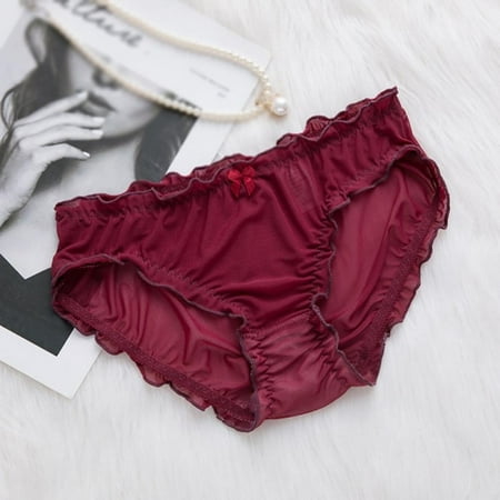 

Sexy Transparent Mid Rise Quick-drying Briefs Fashion Cute Ruffles Decoration Women s Panties Wine Red L