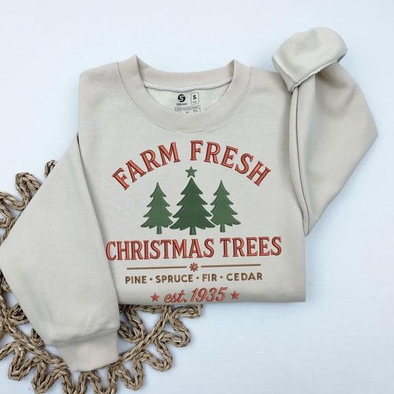 Farm Fresh Christmas Trees Embroidered Sweatshirt: Vintage Holiday Tree Farm Sweatshirt