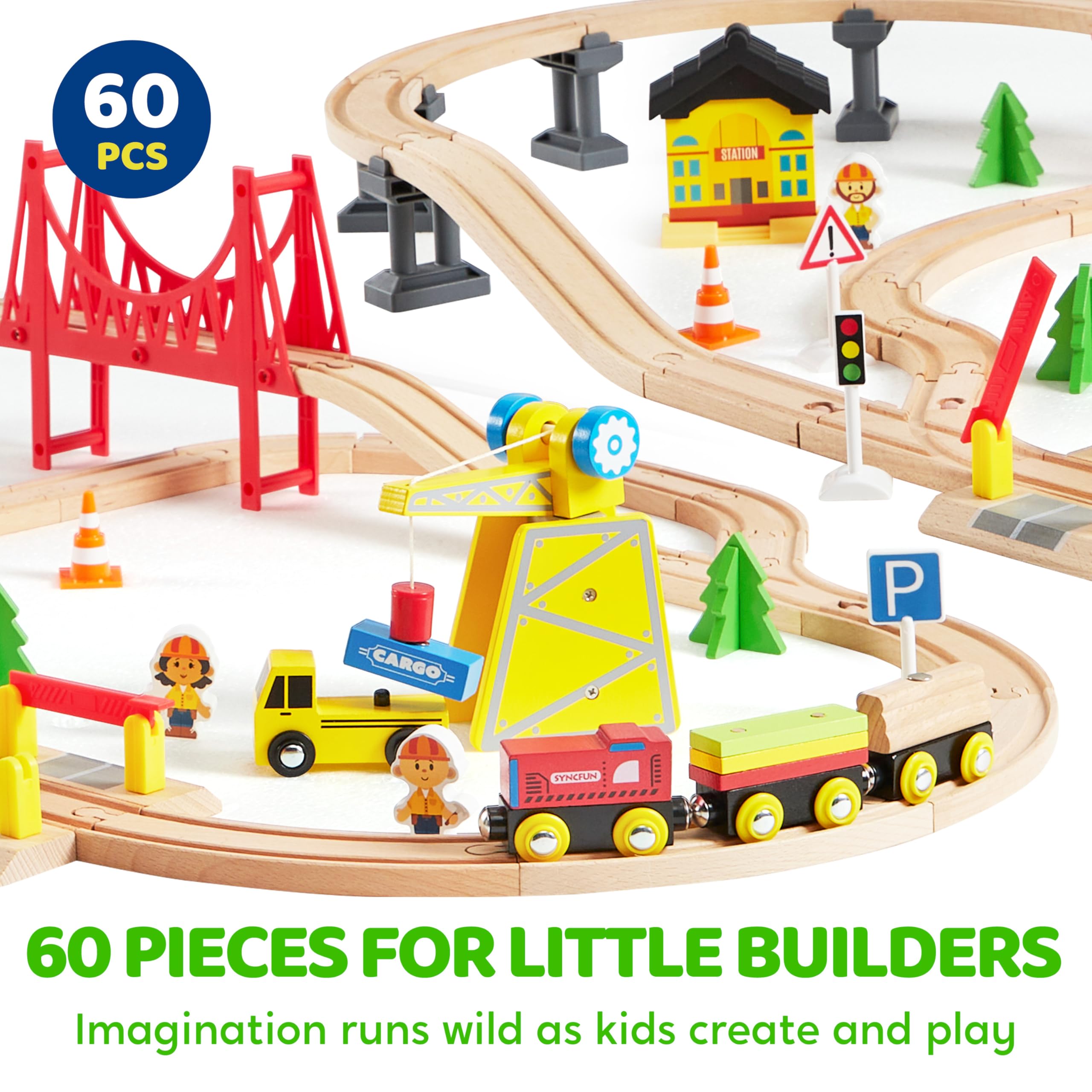Joyfy 60-Piece Wooden Train Track Set with Magnetic Trains photo 4