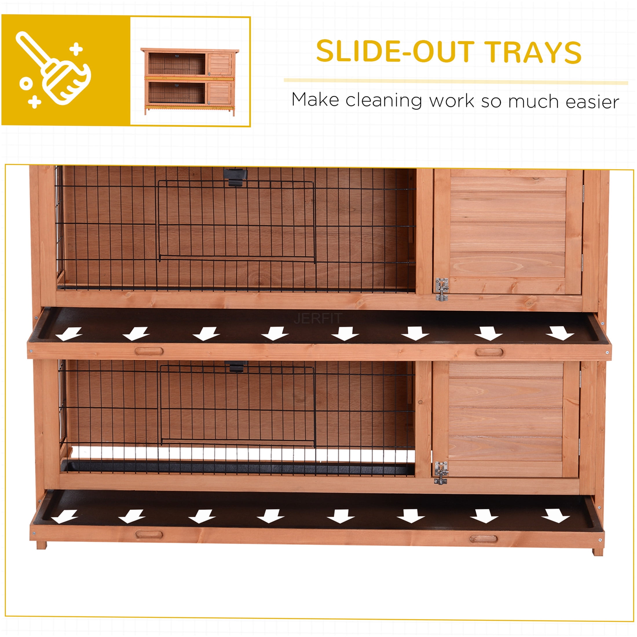JERFIT 2-Tier Wooden Rabbit Hutch with Outdoor Run, Pull-Out Tray & Waterproof Asphalt Roof, Small Animal Cage House for Rabbits, Guinea Pigs, Bunnies