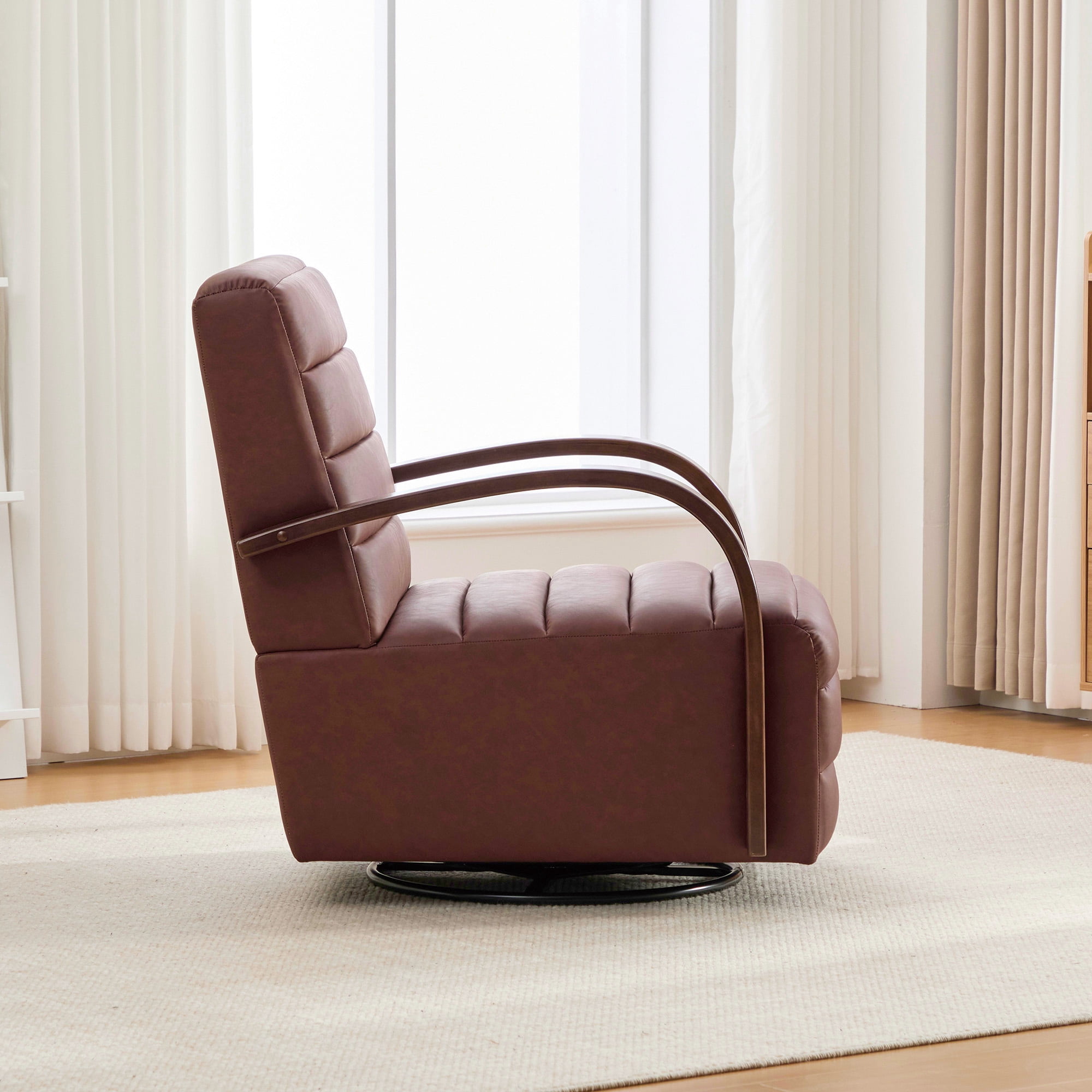 360° Swivel Accent Chair with Solid Wood Armrests,30.7"W PU Lounge Reading Chair Single Sofa Armchair for Bedroom Living Room Office,Brown