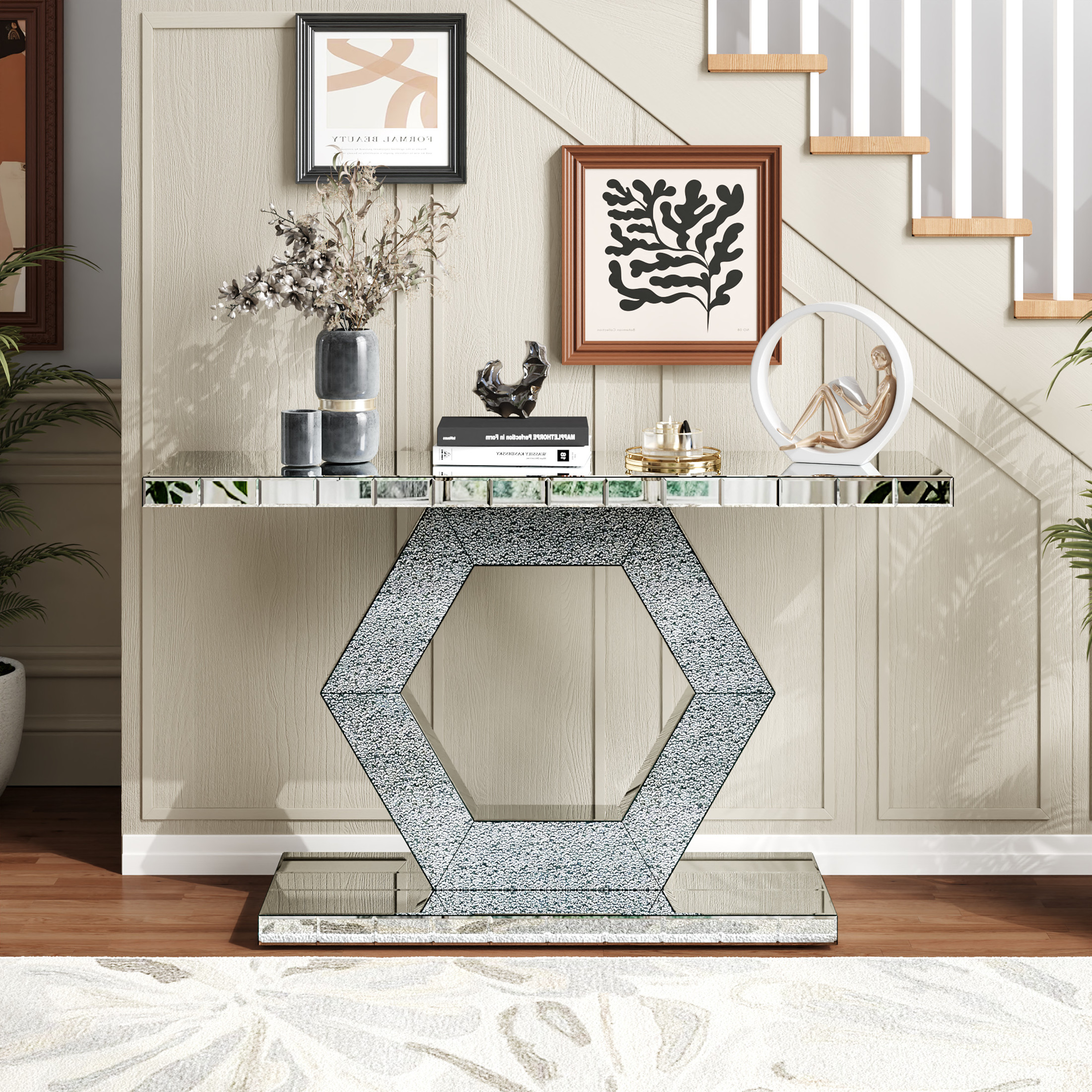 Noble House Sparkling Crystal Hexagon Mirror Entryway - Premium Modern Foyer Console Table with Diamond Glass Effects, Dual-Tier Luxury Sofa Table, Silver
