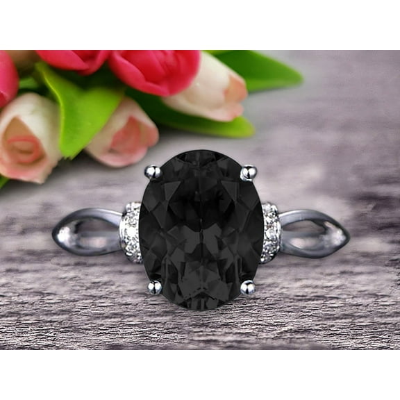 Oval Shape Gemstone Promise Ring 1.75 Carat Black Diamond Moissanite Engagement Ring Anniversary Gift On 10k White Gold Art Deco