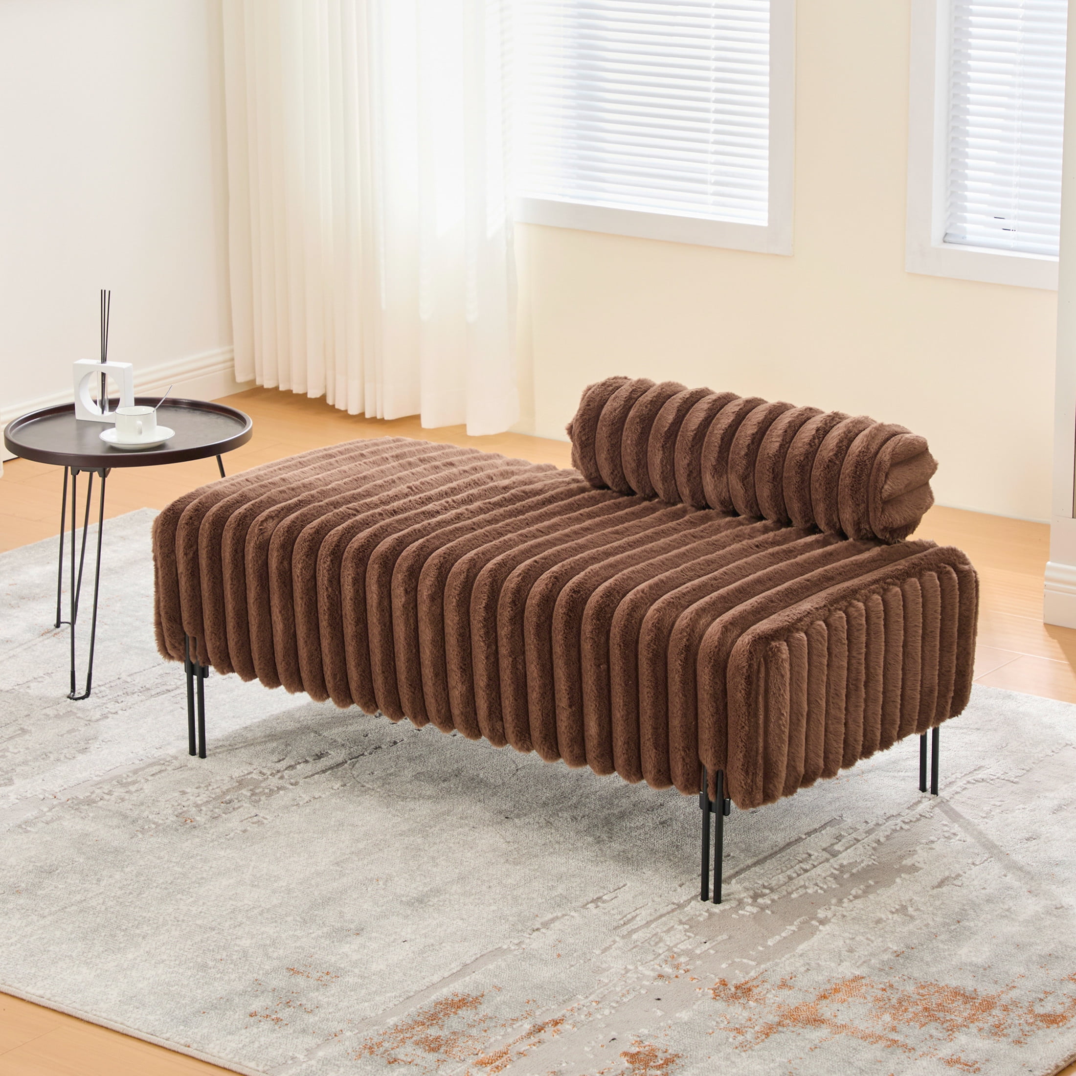 Noble House Fenton 49.6" Faux Fur Mini Loveseat, Adjustable Back Wide Bench with Metal Legs for Small Spaces, Brown