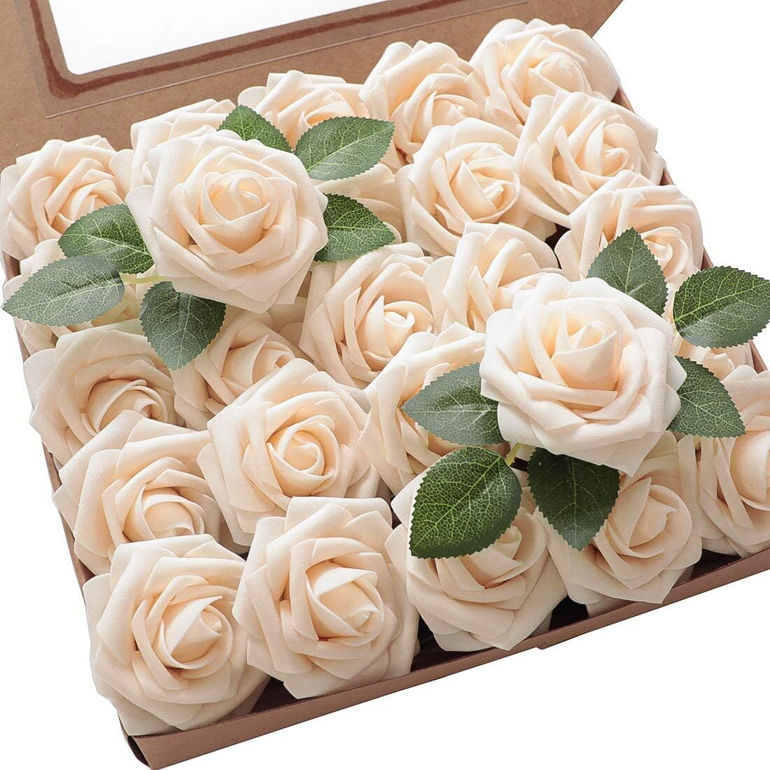 Artificial Flowers,Foam Roses,Champagne Rose,50 Pcs Real Looking Fake Roses with Stems for DIY Wedding Bouquets Centerpieces Arrangements Party Baby Shower Home Decorations