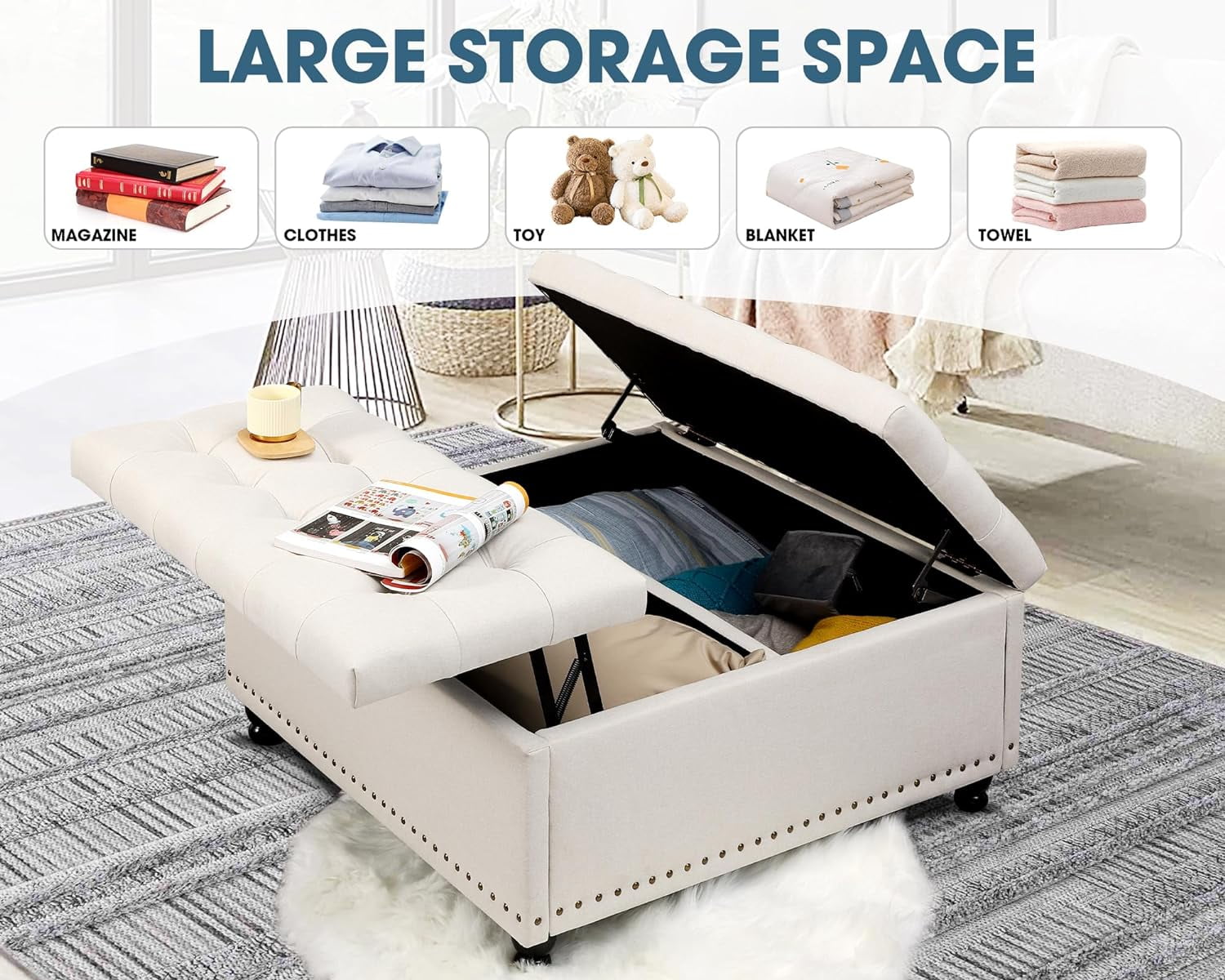Haverchair 35.5" Large Storage Ottoman Coffee Table, Square Ottoman Bench with Storage, Lift Top Oversized Storage Ottomans, Tufted Upholstered Coffee Tables for Living Room, Bedroom (Beige)