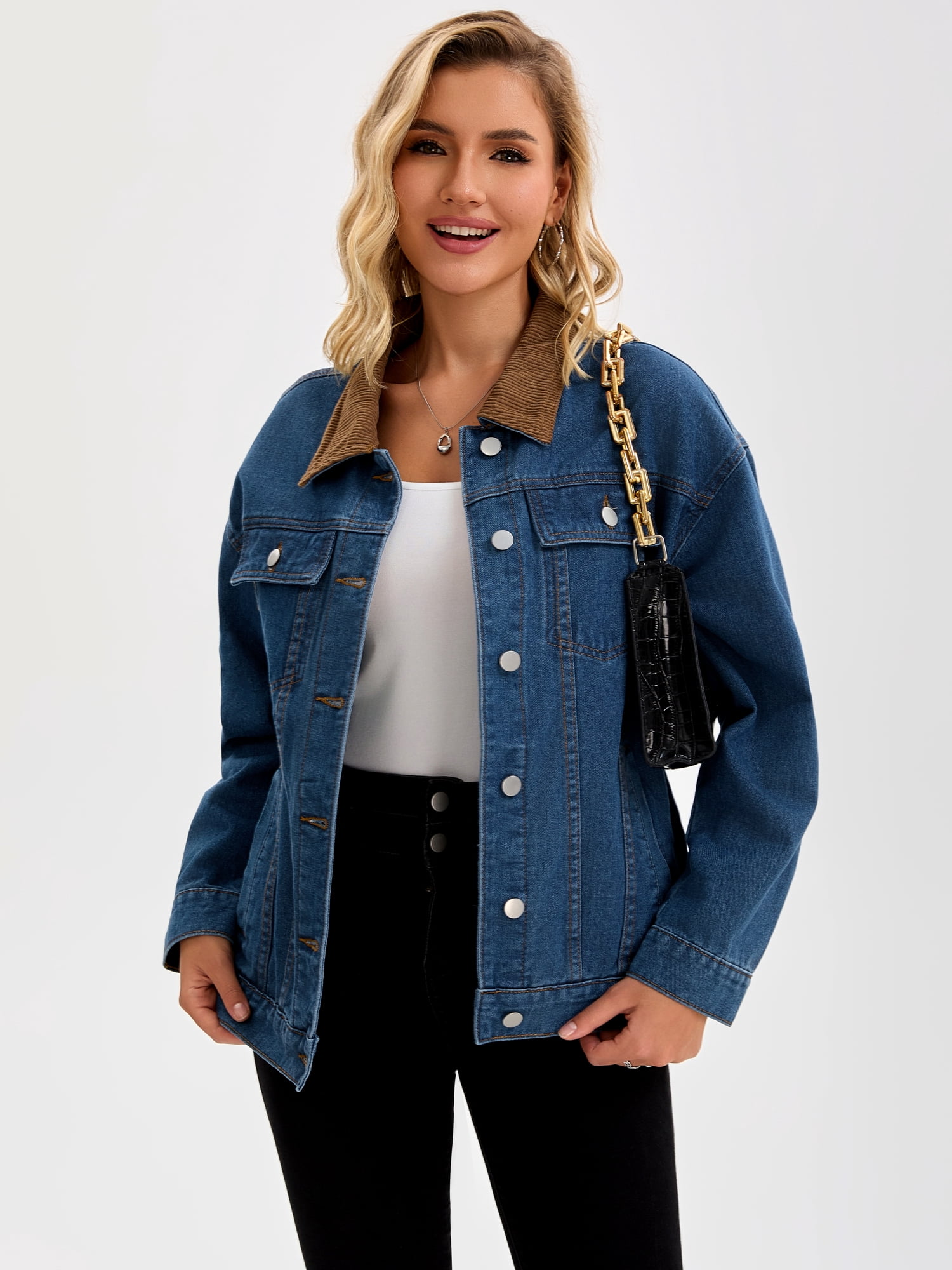 DARING DIVA Women's Button Down Corduroy Collar Long Sleeve Shacket 2XL Dark Blue