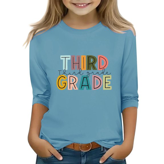 UACY Kids Third Grade Colorful Letter T Shirt Boys Girls 3 4 Sleeve Crew Neck Casual Back to School Tee (Light Blue, 3-4 Years)