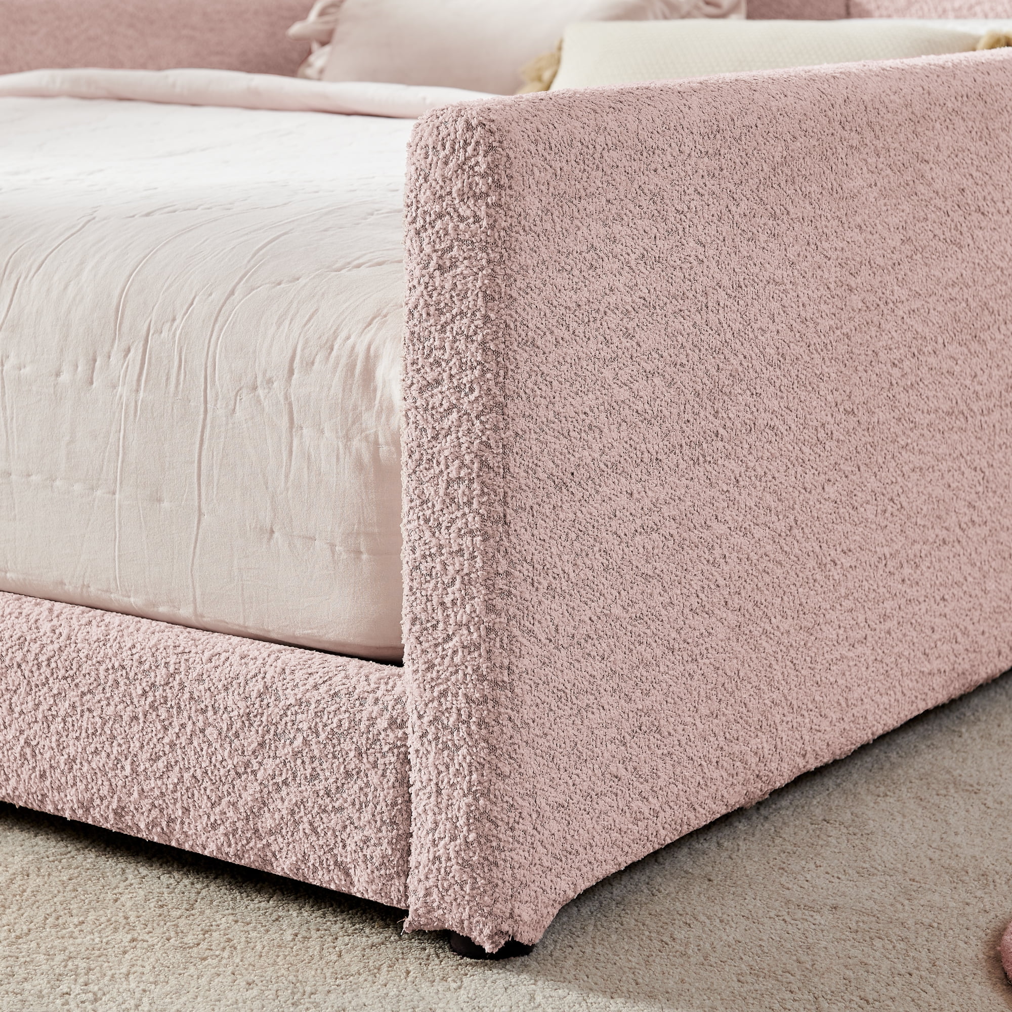 T-Joy Cute Kids Bed with Rail and Pocket, Boucle Wooden Platform Bed with Rabbit Ear, Full Size, Pink
