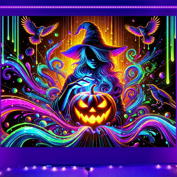 1 piece, black light ultraviolet reaction tapestry, witch and magician pattern design, wall art hanging flag, a tapestry that gels in the dark background, suitable for bedroom/living room/game room/b