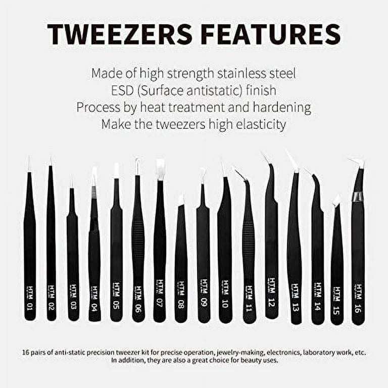 HengTianMei 16 Pcs Sharp Precision Tweezers Set,Including 16 Types of Anti-Static Stainless Steel ESD Medical Tweezers for Craft,Jewelry,Electronics Soldering