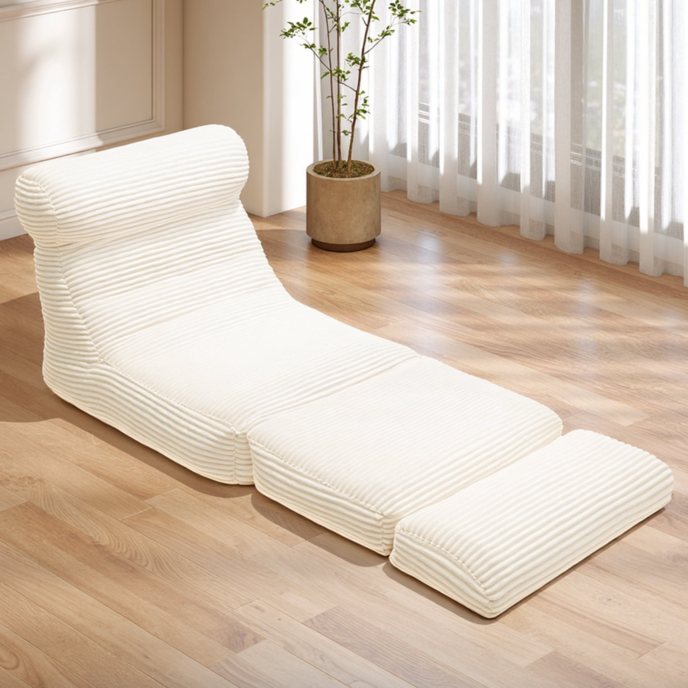 edx 3-in-1 Convertible Bean Bag Chair Bed, Multi-functional Floor Sofa with Back Support, Portable Lazy Lounger & Sleeper, High-Density Foam Gaming Chair for Adults, No Assembly, White