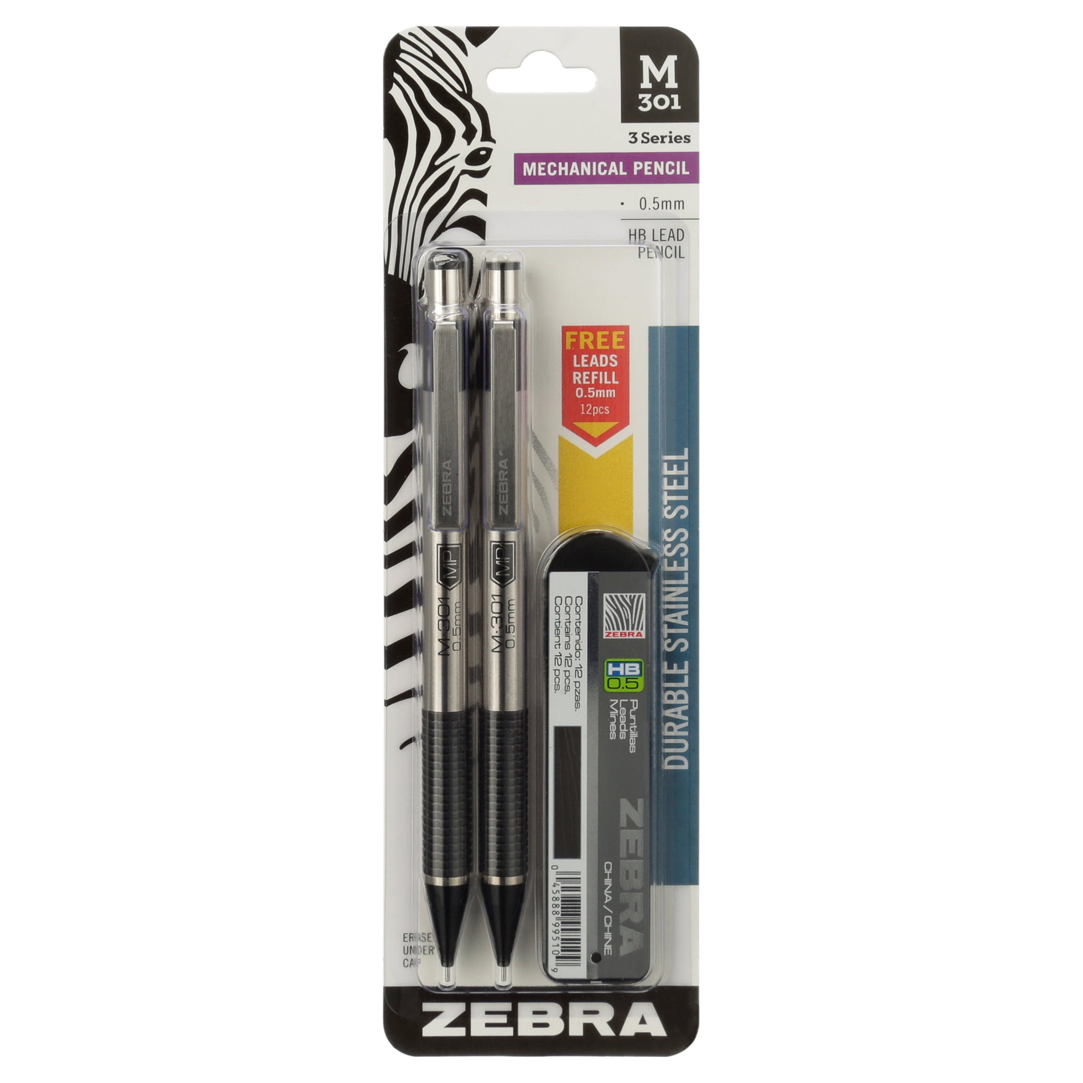 Zebra Pen Steel Mechanic Pencil, Black Grip, 2-pack, Bonus Lead Refills 