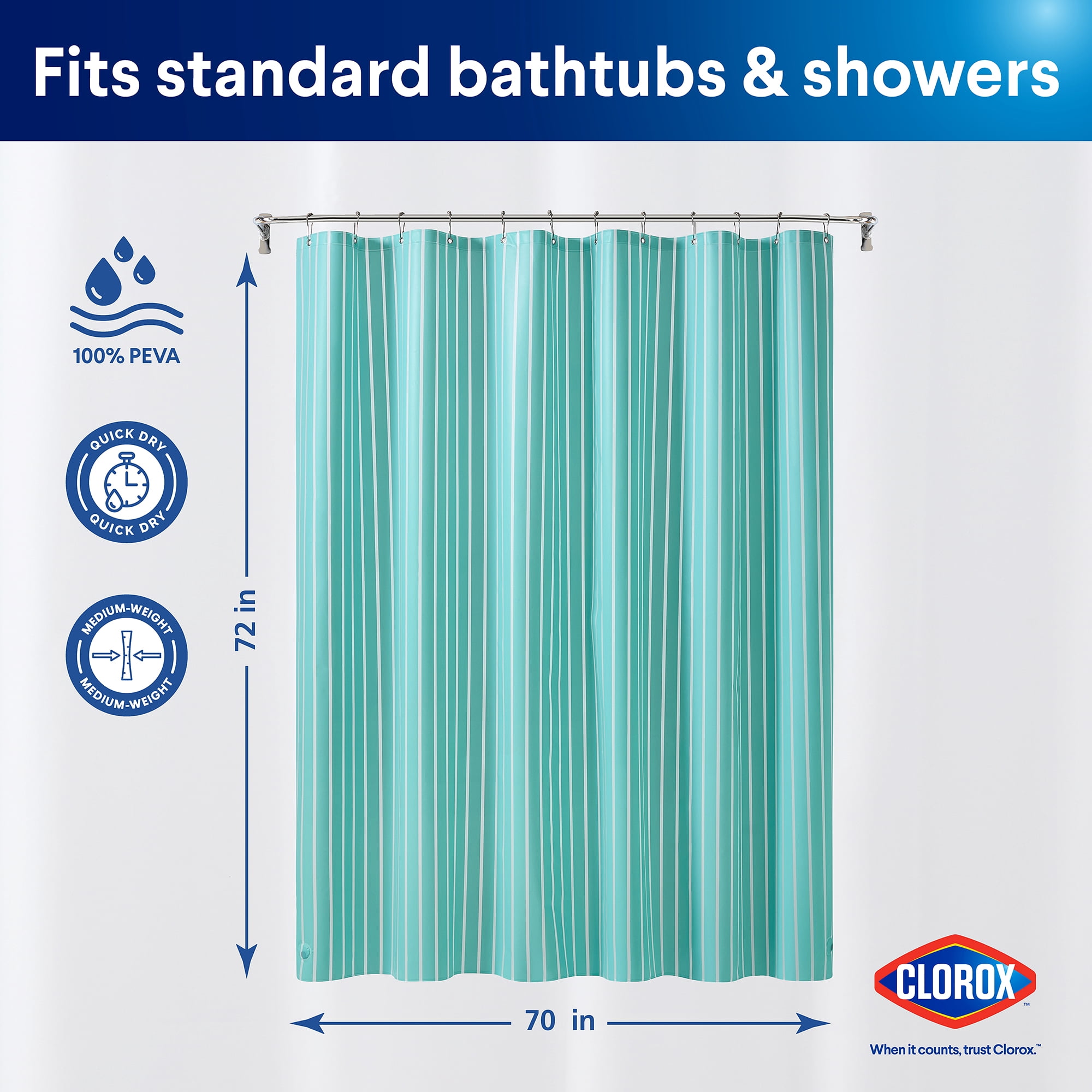Clorox Shower Curtain Liner, Striped Waterproof 6g PEVA for Bathroom Standard Size 72" x 72", Aqua