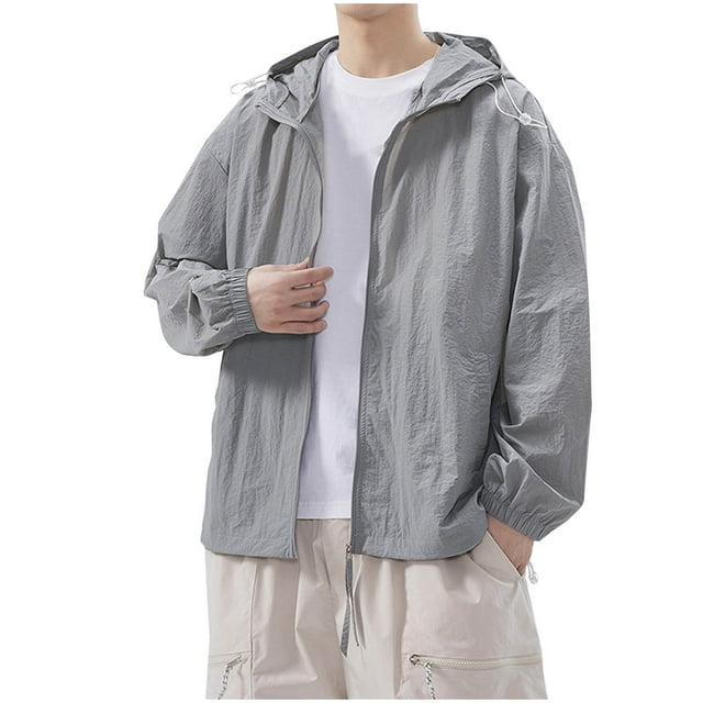 Pisexur Rain Jacket Men's Sun Protection Clothing Solid Color Hooded Trendy Ice Silk Breathable Lightweight Sun Protection Clothing Jacket Windbreaker Jacket Zip Up Hoodie Light Jackets for Men