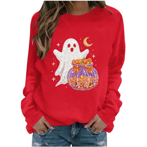 Women Halloween Rhinestone Graphic Crew Neck Sweatshirt, Long Sleeve Fall Casual Pullover Top for Holiday Daily Wear(Red1,M)