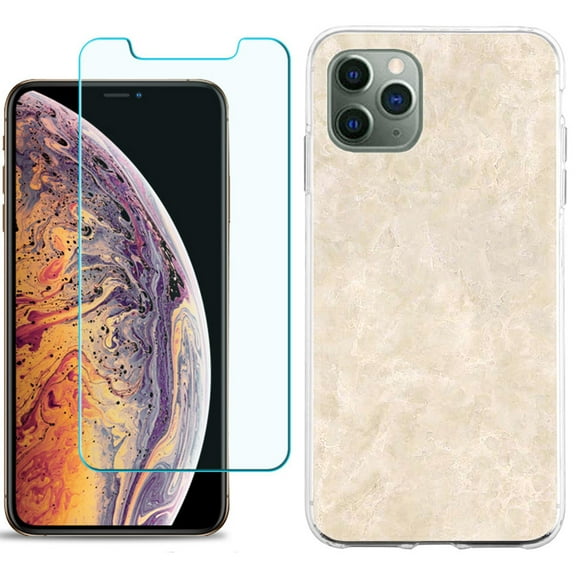 For Apple iPhone 11 Pro Case , Slim-Fit TPU Protective Phone Case with Tempered Glass Screen Protector, by OneToughShield ® - Marble / Latte