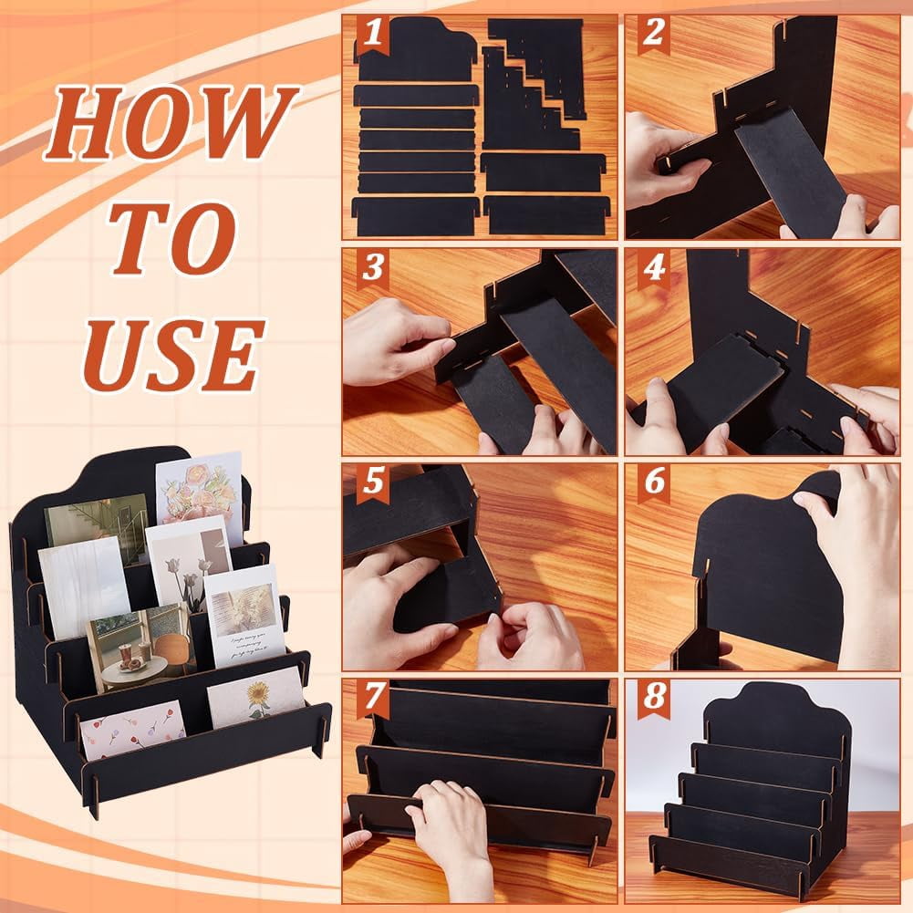 2 Sets 4 Tiers Greeting Card Display Stand Wooden Collector Display Rack Portable Birthday Cards Displays Multi-Purpose Sticker Displays Stand