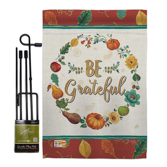 Breeze Decor BD-TG-GS-113071-IP-BO-D-US18-WA 13 x 18.5 in. Be Grateful Fall Thanksgiving Vertical Double Sided Mini Garden Flag Set with Banner Pole