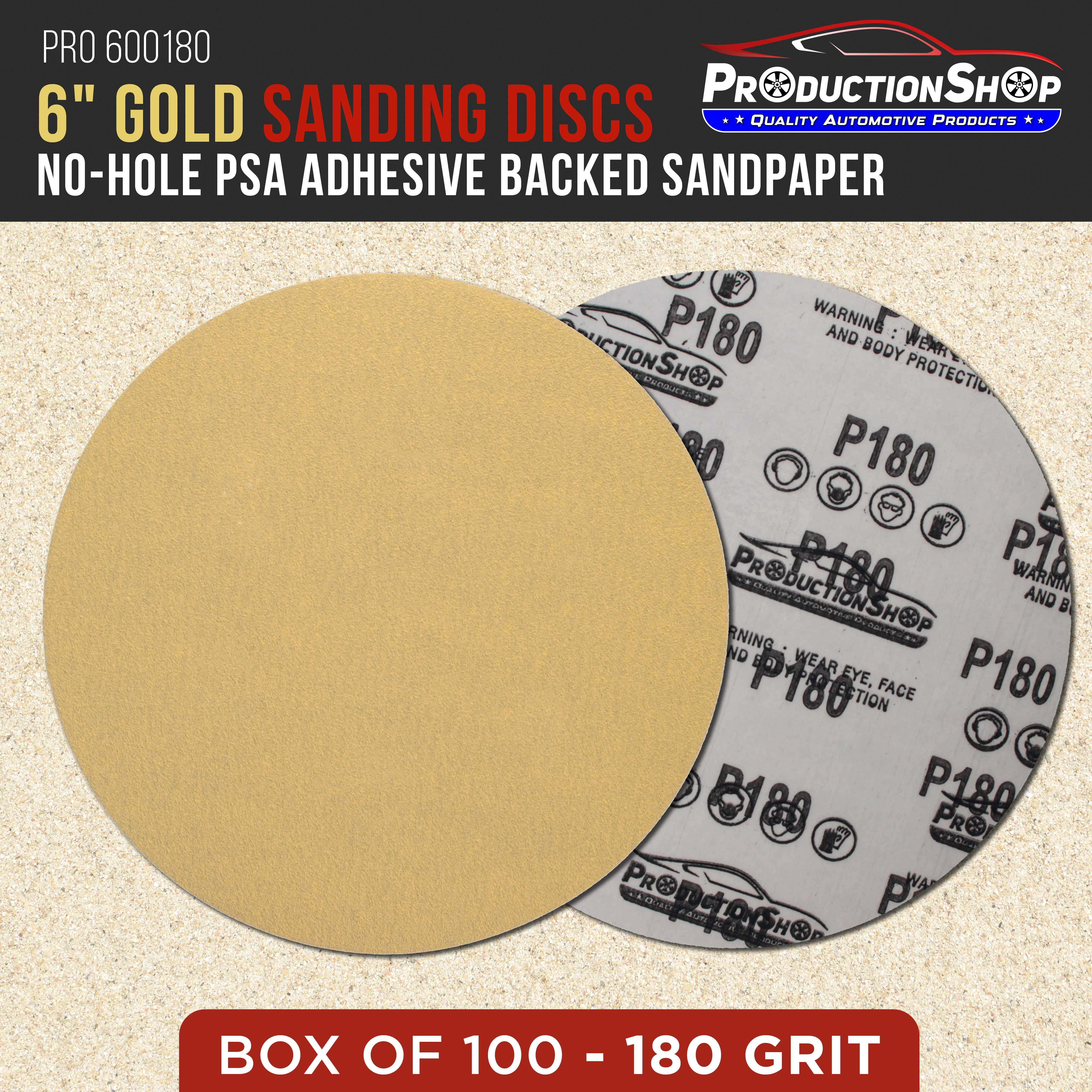 ProductionShop Premium 180 Grit 6" PSA Gold Sanding Discs, Box of 100 - Self Adhesive Stickyback Abrasive Sandpaper for DA & Random Orbital Sanders - Sand Auto Paint Metal, Wood Woodworking Furniture