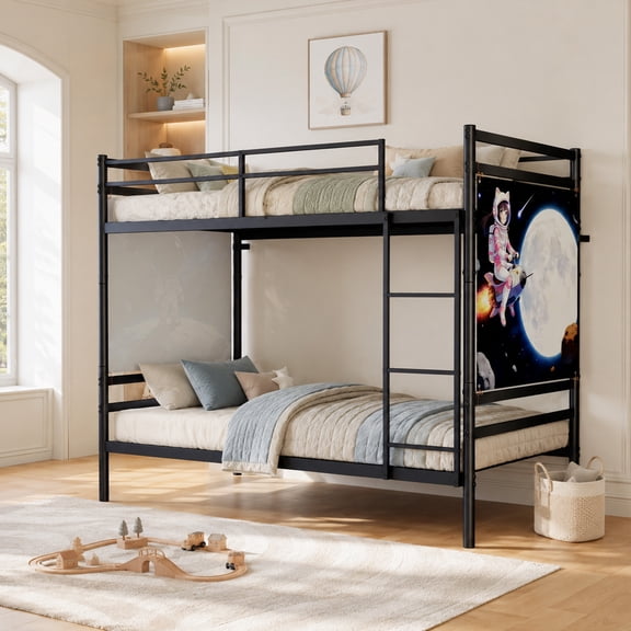 Alvantor Bunk Bed Twin over Twin for Kids, Metal Bunk Bed with Stairs and Wall Painting, Converted Into 2 Twin Bed Black