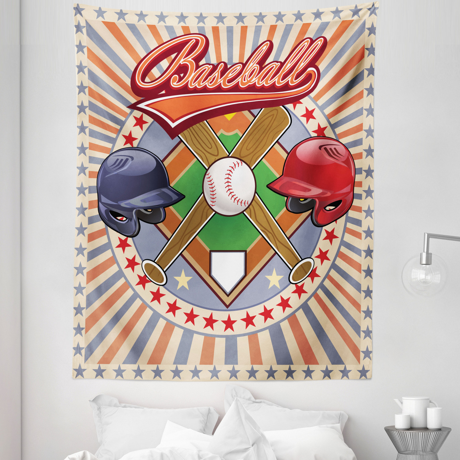 Colorful Tapestry, Retro Pop Art Softball Logo Vertical Striped Setting