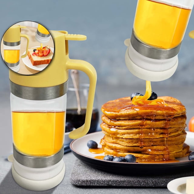 Glass Honey Dispenser with Handle – Syrup Jar Dispenser for Coffee, Pancakes & Waffles – Glass Syrup Container for Easy Pouring – Honey Jar for Kitchen & Breakfast Table