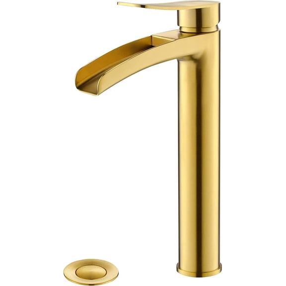 Brushed Gold Tall Bathroom Vessel Sink Faucet, Single Hole Single Handle Waterfall Modern Bathroom Faucet, with Pop Up Drain and Water Supply Line,