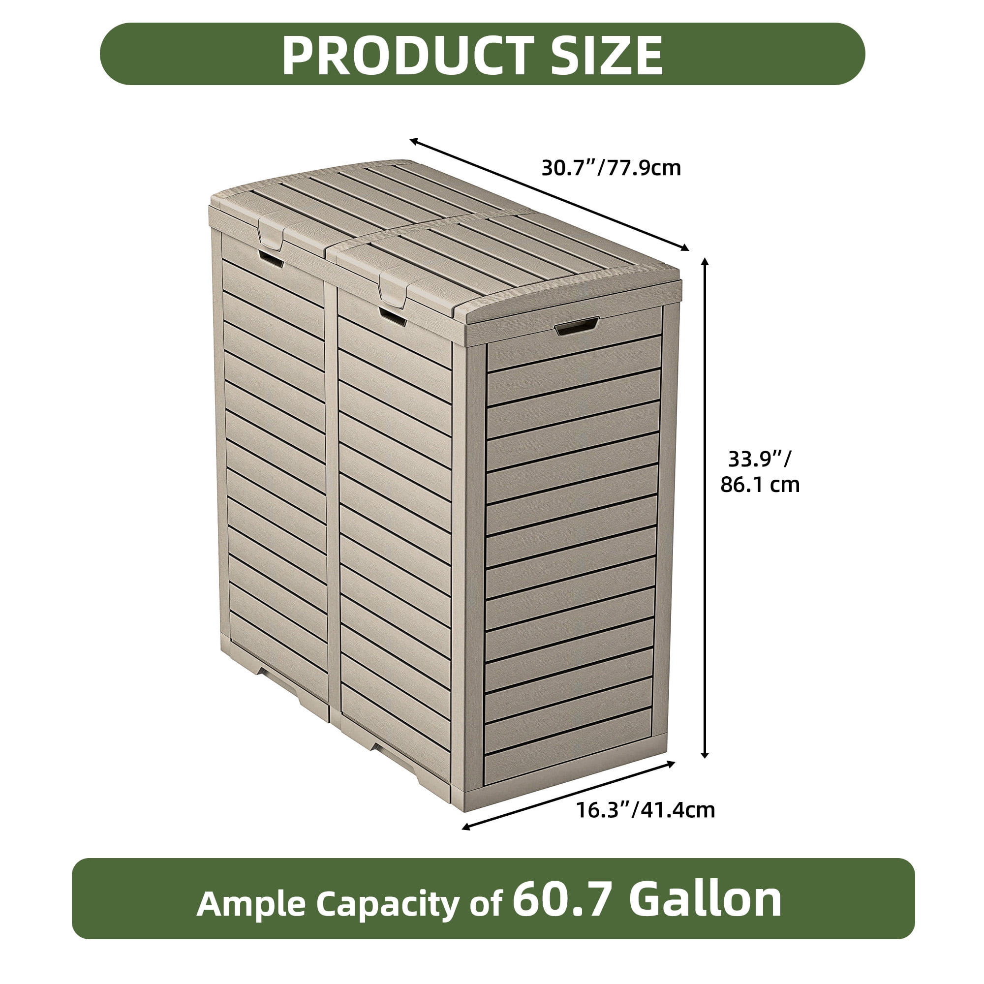 Uforic 62 Gallon Large Outdoor Dual Compartment Trash Bin, Waterproof Resin Garbage Can with Lid & Drip Tray, Hidden Waste Container, for Porch, Backyard, Light Brown