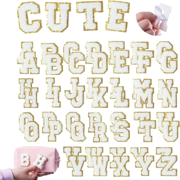 52pcs White Chenille Letters Patches Sticker White Varsity Applique Fabric Embroidered Patches Stick On Backpacks Self Adhesive Varsity Iron On Letter Patches Stick On Embroidered Patch For Clothing