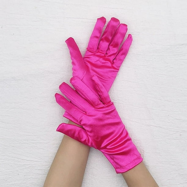 Nvzi Guantes cortos de satén Guantes de fiesta de boda Guantes hasta la muñeca Guantes de vestir Guantes de ópera - Rosa oscuro