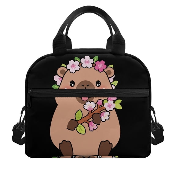 HUIACONG Capybara with Floral Wreath Practical Lunch Bag for School Outdoor, Easy Clean Lining Easy To Carry Insulated Lunch Bag