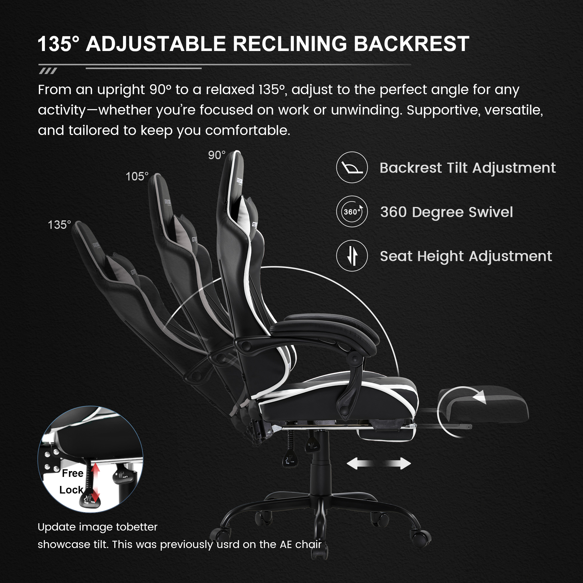 GTRACING Ergonomic Gaming Chair with Pillows and Footrest photo 7