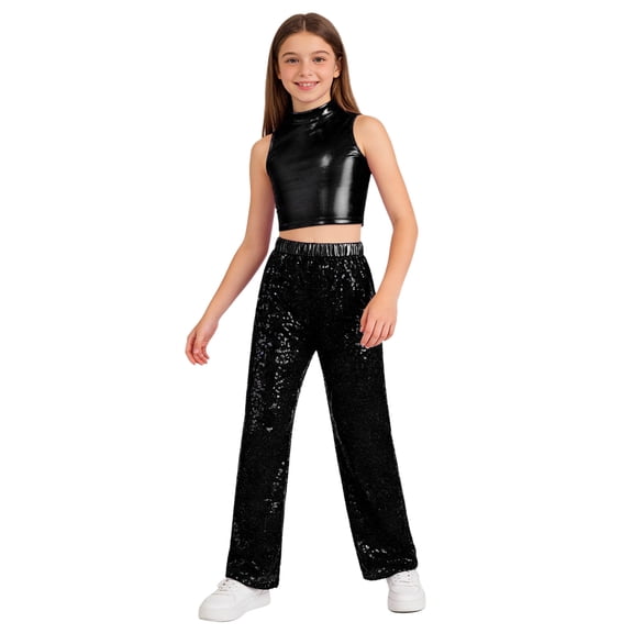 inlzdz Girls Hip Hop Street Dance Outfit Set Metallic Crop Tops with Sequins Pants Party Club Streetwear Black 6