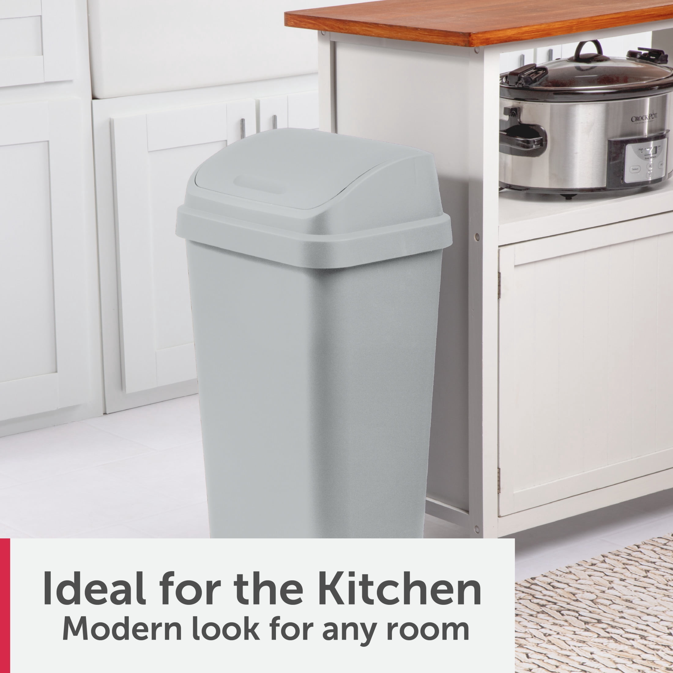 Sterilite Kitchen Trash Can, 13 Gallon Plastic Garbage Bin with Swing Top Lid, Light Gray