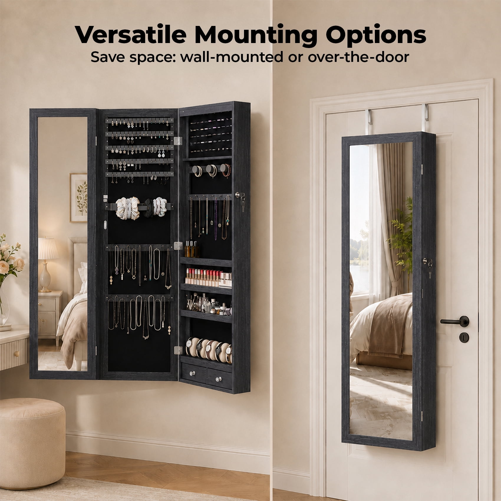 Alvantor Jewelry Organizers and Storage, 47.2-Inch Tall Lockable Wall or Door Mounted Jewelry Armoire Organizer with Mirror, 2 Drawers, 6 LEDs Mirror Jewelry Cabinet