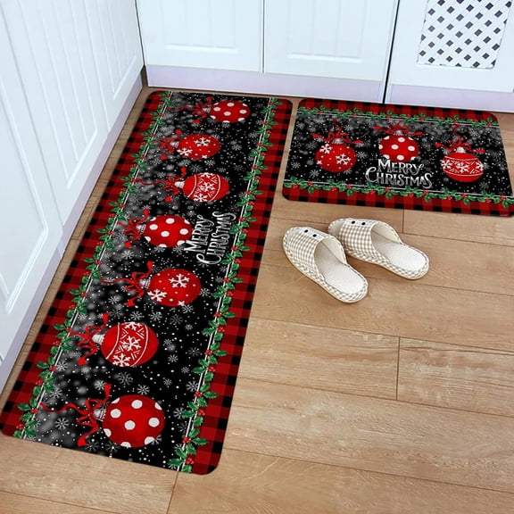 Kitchen Rug Mat Merry Christmas Colored Lights Berry, Set of 2, Anti-Fatigue Non-Skid Washable Kitchen Runner Rugs, Xmas Vintage Wooden Board Soft Rug for Kitchen, Floor, Front of Sink, Laundry