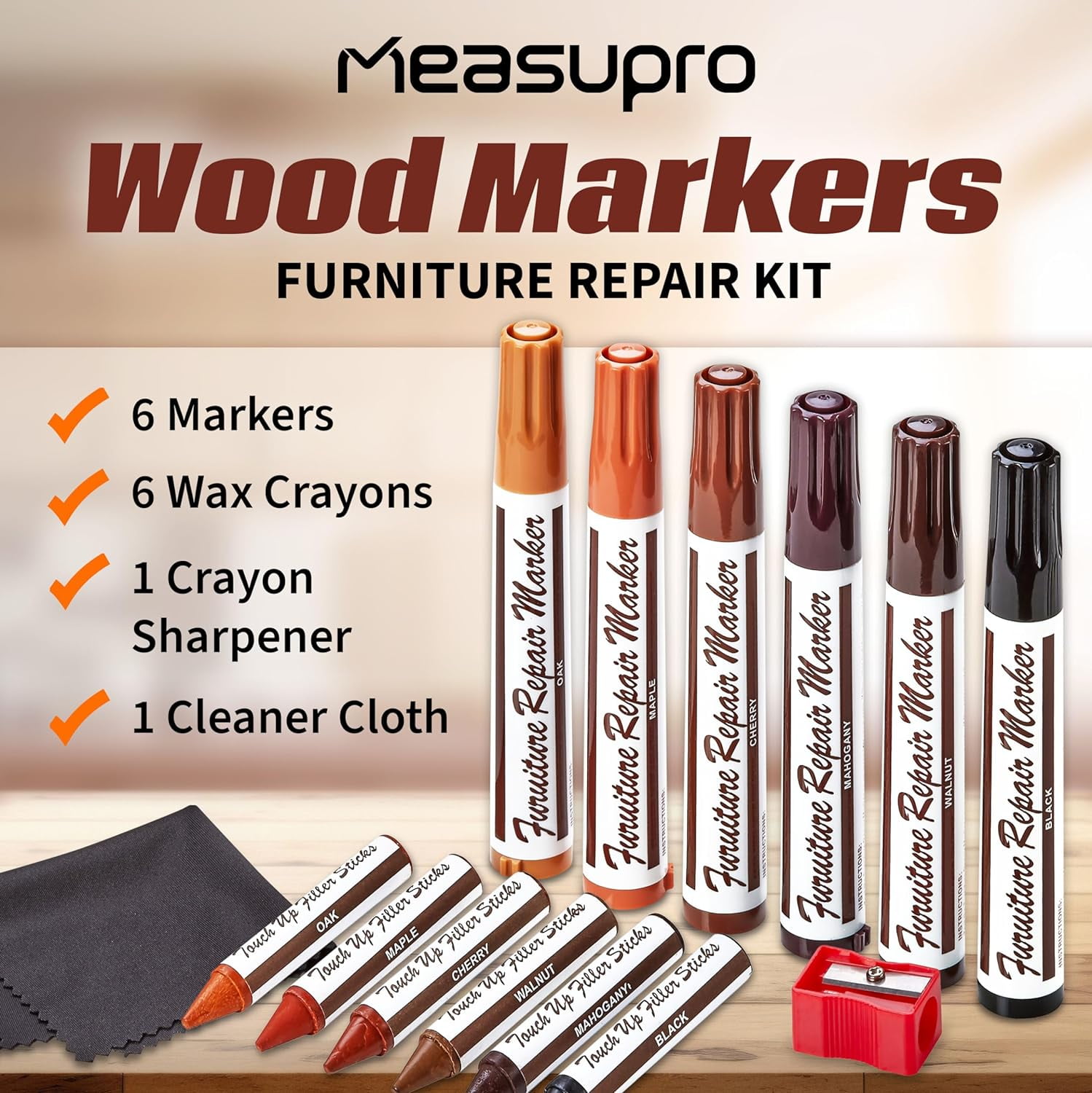 Furniture Repair Marker & Wax Stick - Scratch Fix For Wood Floors & Furniture, Walnut Color